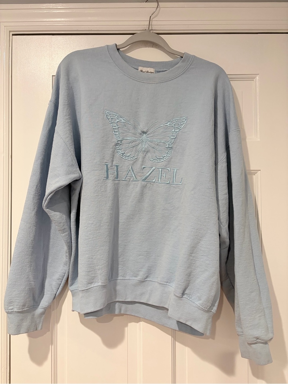 Hazel Boutique Blue Butterfly Embroidered Oversized Crewneck Sweatshirt